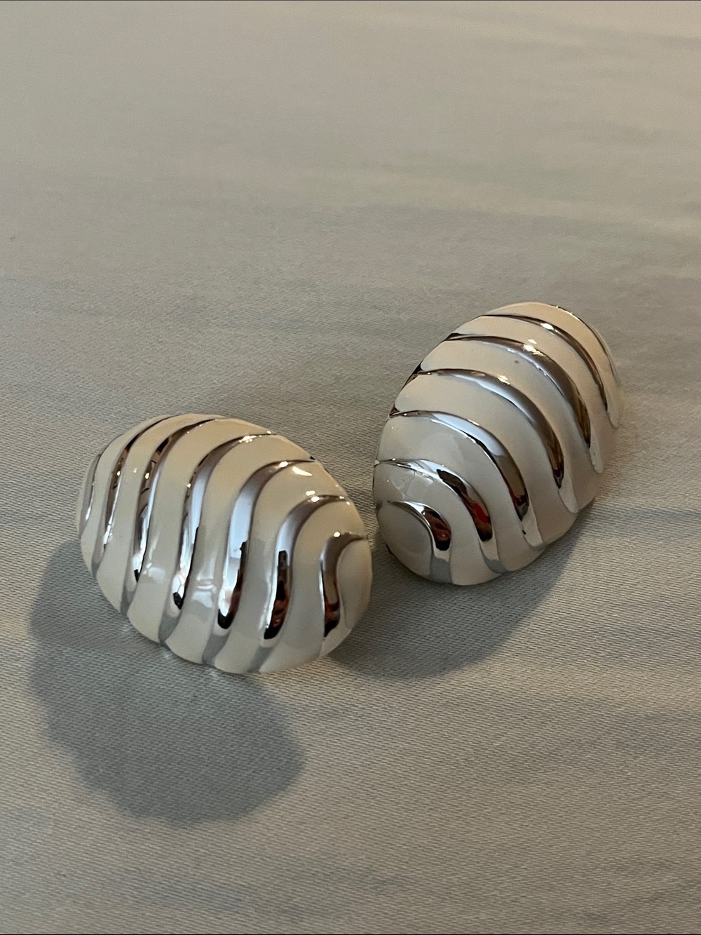 Cream and Silver Striped Dome Clip-On Earrings